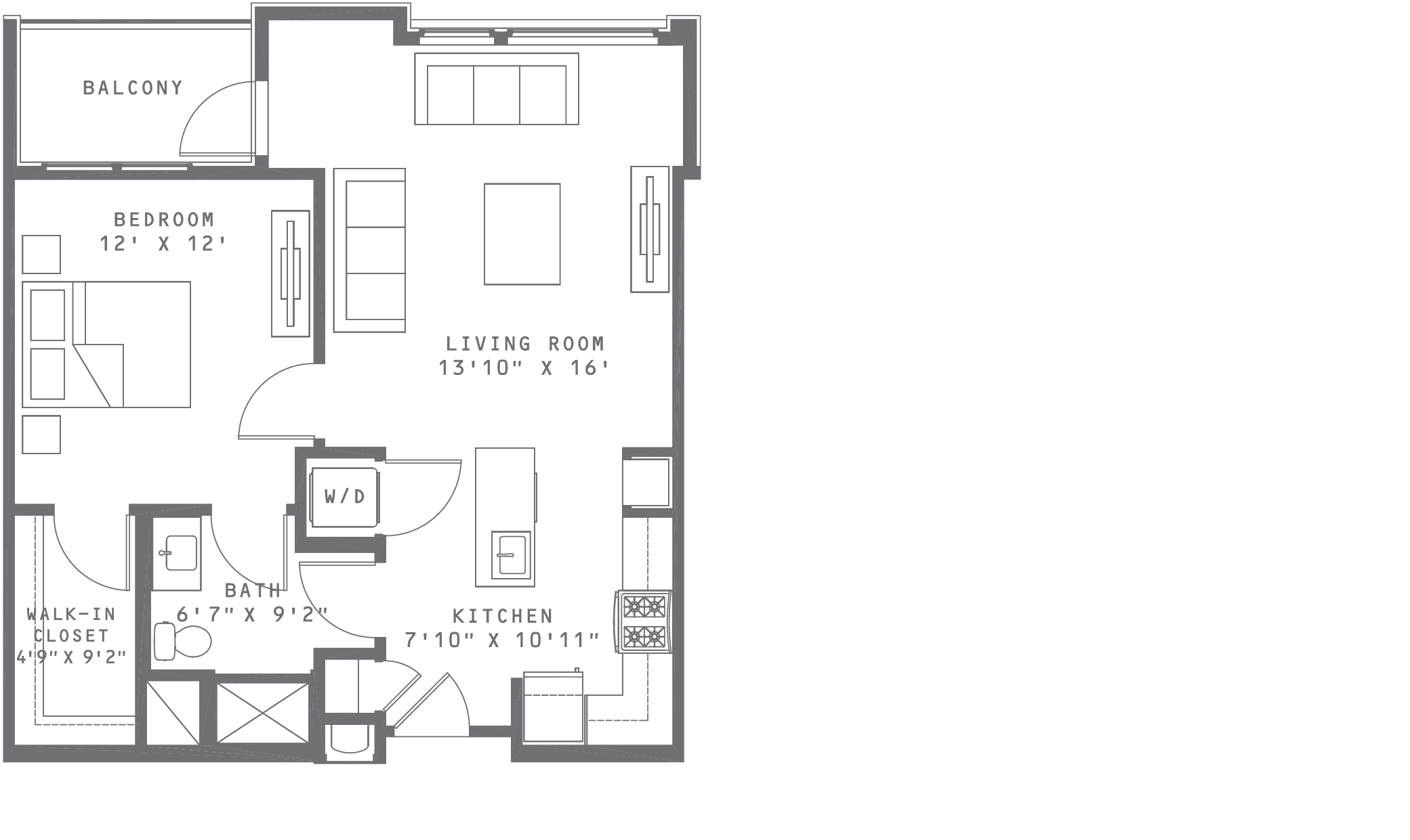 Union & West Apartments | 1 Bedroom Primary Floor Plan