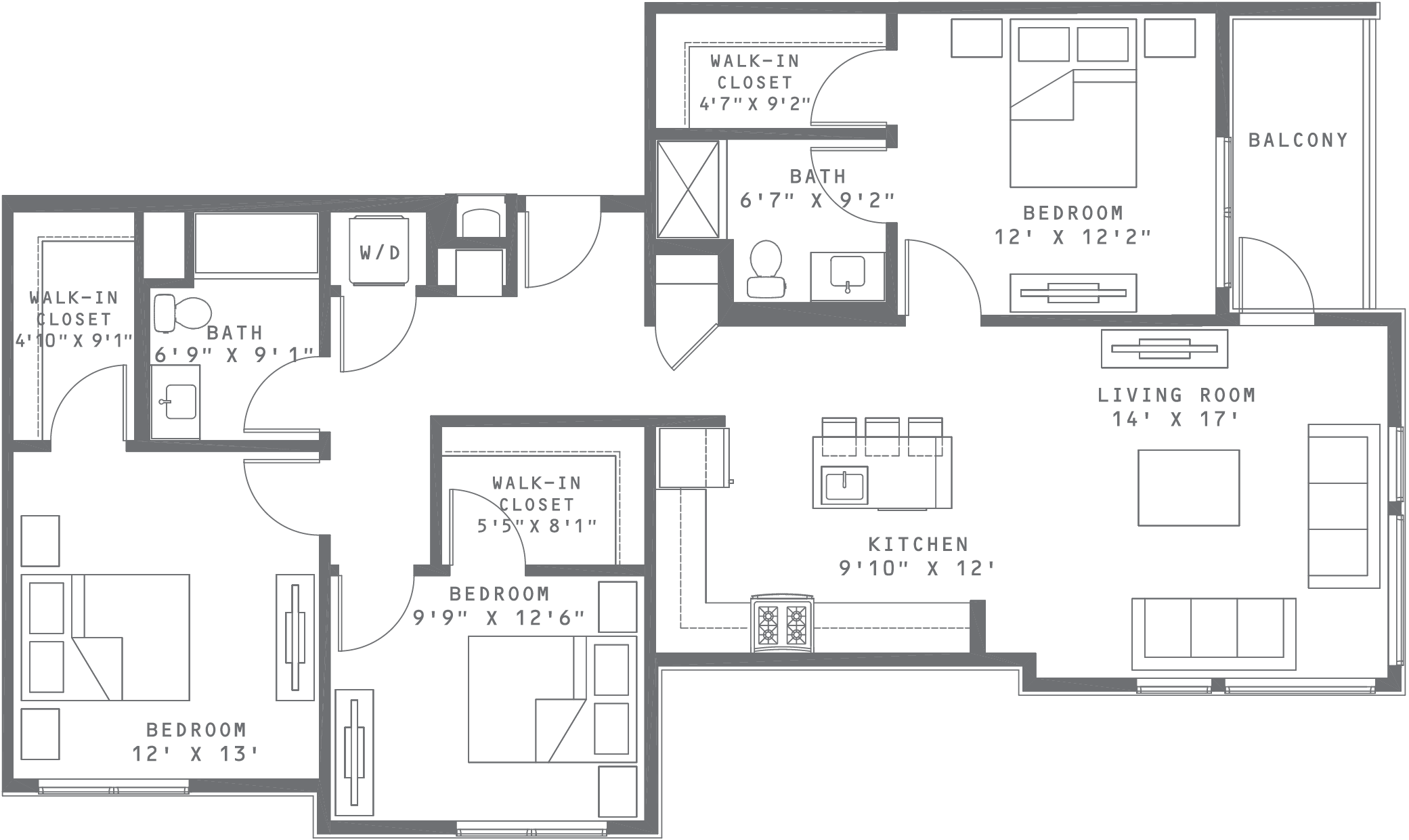 Union & West Apartments | 3 Bedroom Primary Floor Plan